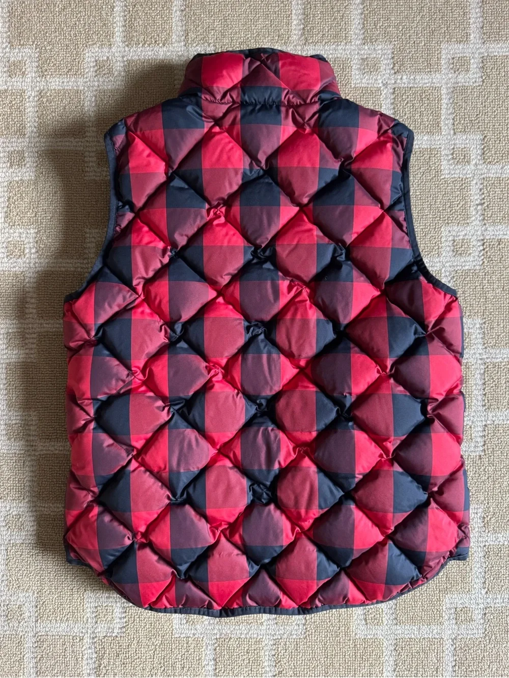 J. Crew Buffalo Plaid Down Puffer Vest Red Black Quilted Snap Pocket Medium
